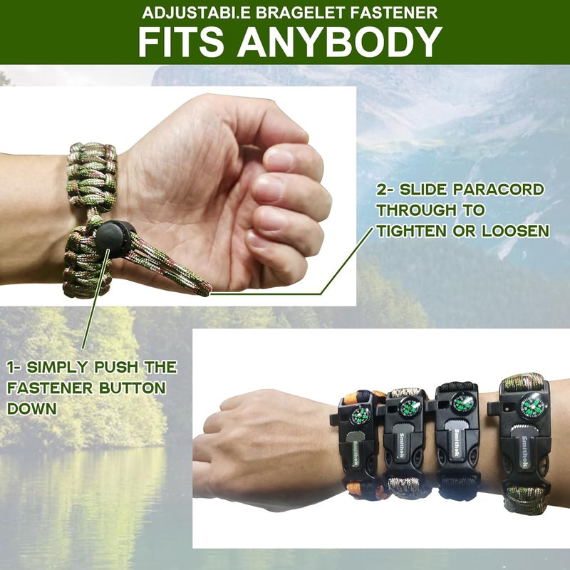 Smithok Paracord Survival Bracelet-Length Adjustable,Loud Whistle Emergency Compass Survival Fire Starter Scraper Accessories for Hiking and Camping and Hunting 4-Pack(Muti-Color) - Image 3